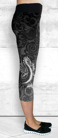 Capri Leggings - B&W Water Dragon on Water Swirls (C-201)