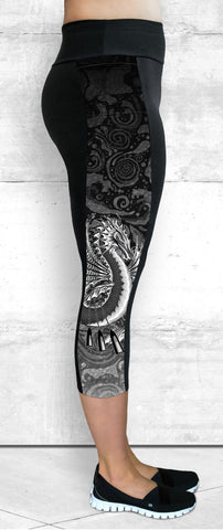 Capri Leggings - B&W Water Dragon Side Panel with Pocket (CP-201)