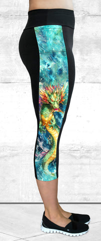 Capri Leggings - Gold and Green Fierce Dragon Side Panel with Pocket (CP-300)