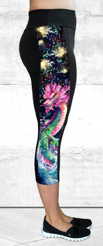Capri Leggings - Pink & Green Fierce Dragon Side Panel with Pocket (CP-301)