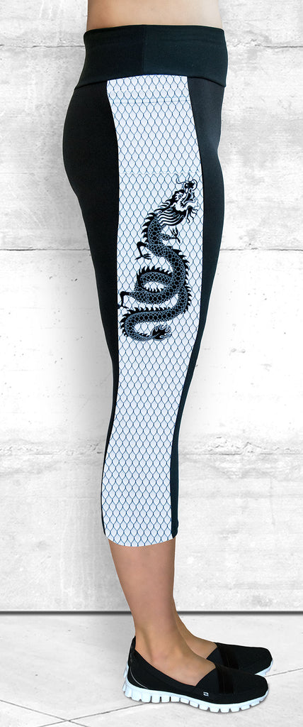 Capri Leggings with Small B&W Dragon Side Panel with Pocket
