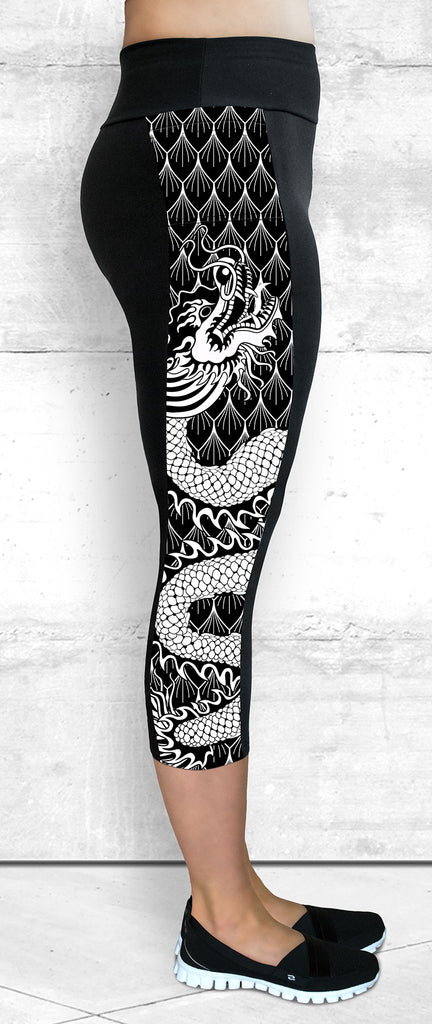 Capri Leggings with Large B&W Dragon Side Panel with Pocket