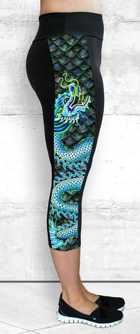 Capri Leggings - Large Blue Dragon Side Panel with Pocket (CP-102)