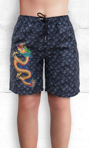 Board Shorts with Gold Dragon on Dragon Scales with Three Pockets