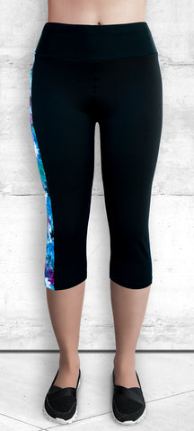 Capri Leggings - Blue-Pink Maple Leaves (C-4021)