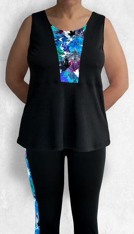 Sleeveless top with blue and pink maple leaves accent