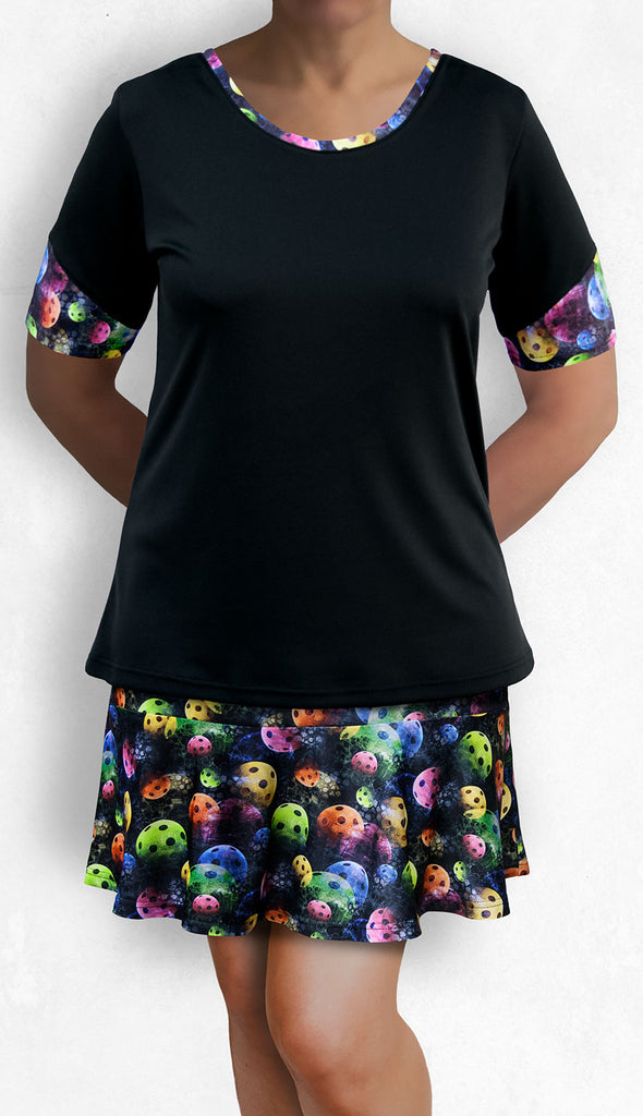 Pickleball Top with Sleeves - Black with Multicolor Accent