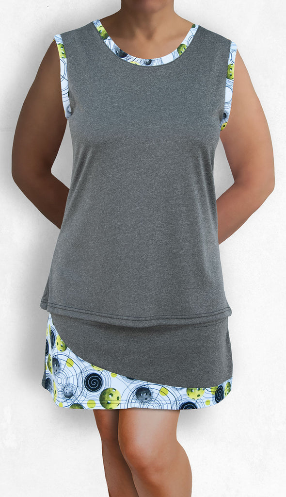 Graphite sleeveless top with pickleball print trims