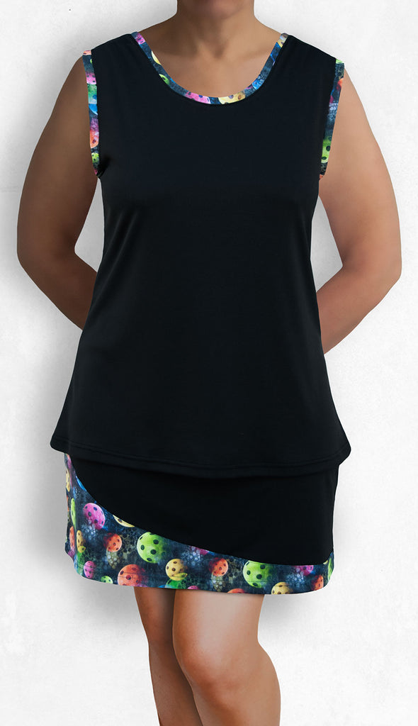 Pickleball Sleeveless Top - Black with Multicolor Accent