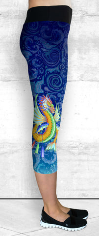 Capri Leggings -Gold & Green Water Dragon on Water Swirls (C-200)