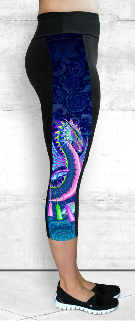 Blue & Pink Water Dragon Capris with Pocket