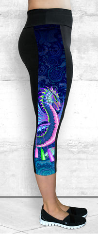 Capri Leggings - Blue & Pink Water Dragon Side Panel with Pocket (CP-203)